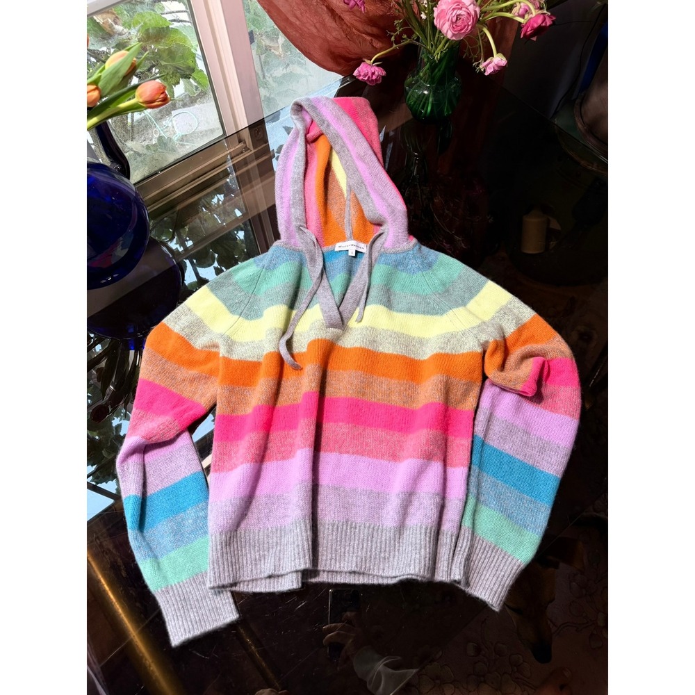 RARE White + Warren Cashmere Rainbow Stripe Hoodie Sweater Whimsy Clowncore